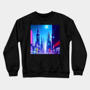 Ai Generated Art Scenery - Futuristic City Skyline With Shops And Neon Lighting Crewneck Sweatshirt